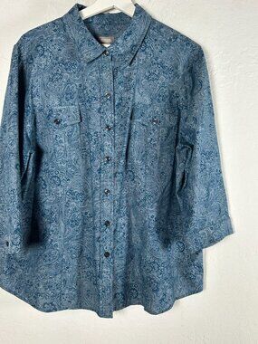 Chico's Womens Blue Paisley Button-Up Shirt Size 3 Cotton 3/4 Sleeve Casual Top